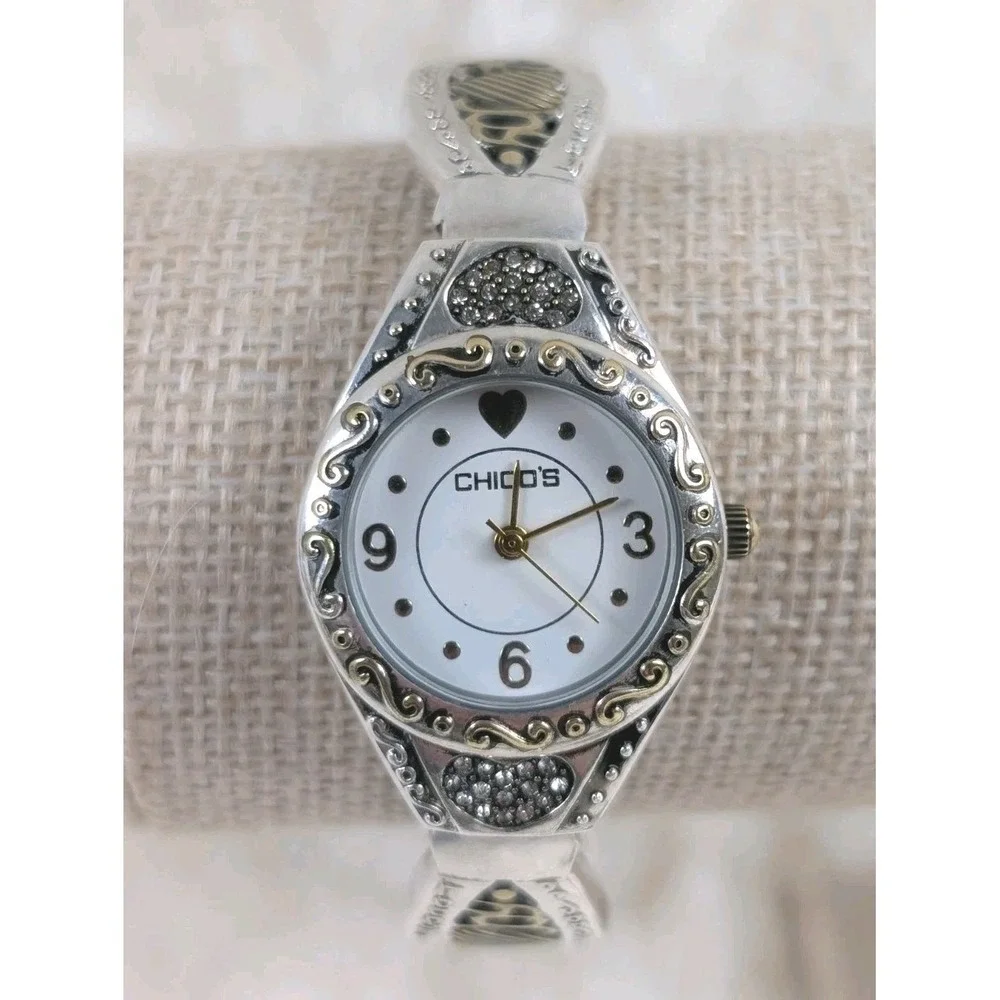 Chico's Heart Cuff‎ Watch Silver Gold Tone Rhinestone Bangle Quartz